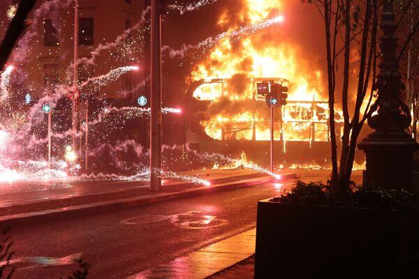 A double-decker bus was set alight in Dublin city centre after hundreds of people began to riot on O’Connell Street and surrounding areas last week. Picture: RollingNews.ie A double-decker bus was set alight in Dublin city centre after hundreds of people began to riot on O’Connell Street and surrounding areas last week. Picture: RollingNews.ie
