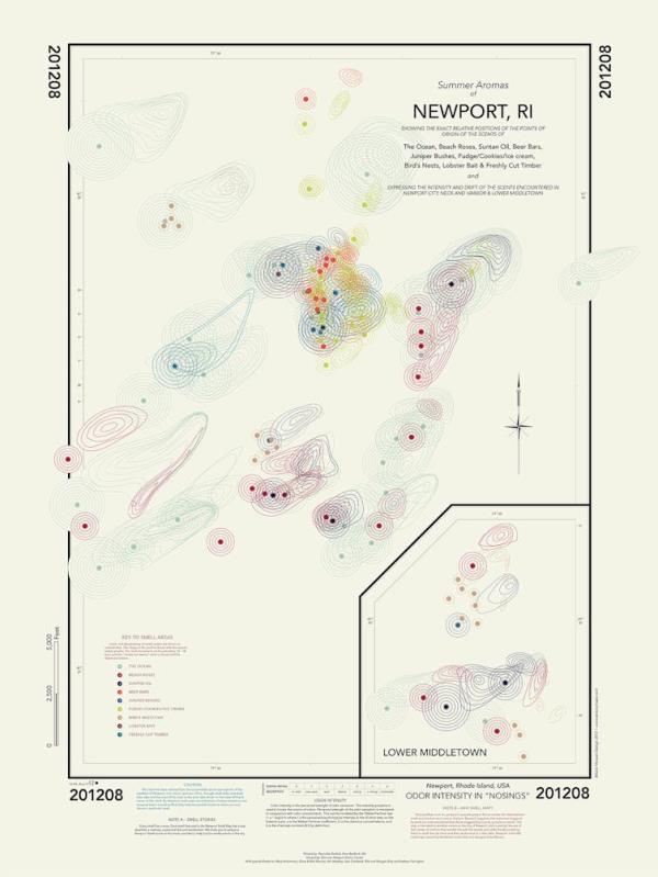 map of Rhode Island's newport, coloured circles indicating different smells